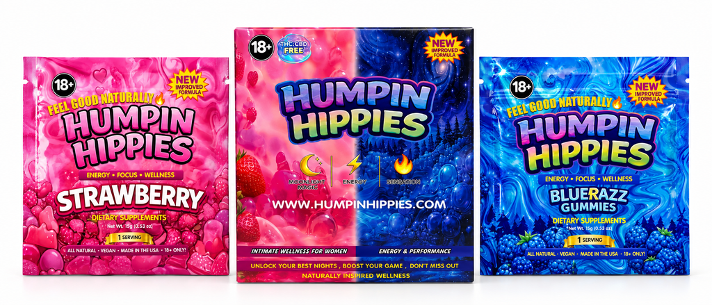 (Retail Pricing) Humpin Hippies Enhancement Gummies 30 Packs/Box | 15 Male / 15 Female | 3 Gummies/Pack | 1-24 Boxes MOQ