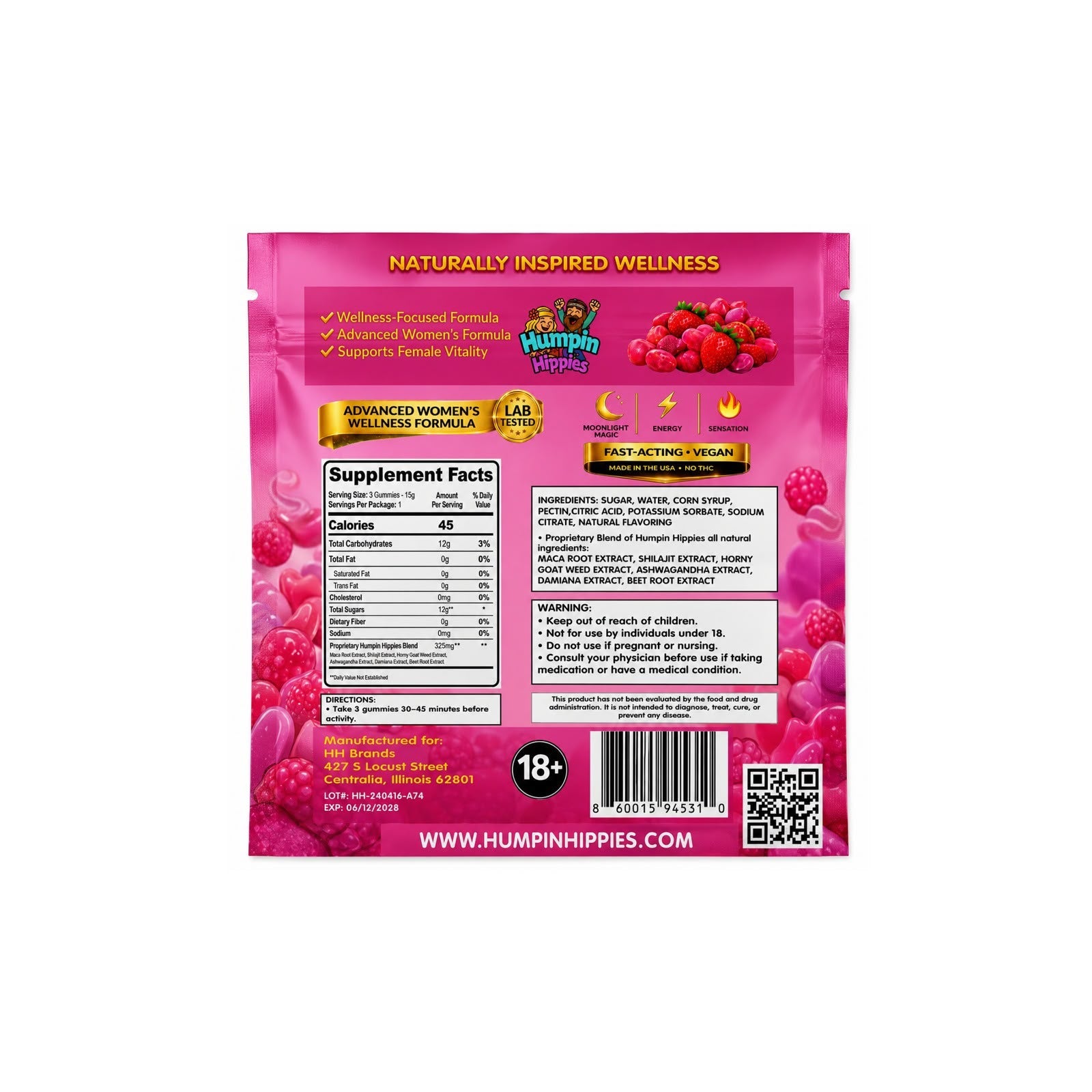 Humpin hippies enhancement gummies 30 packs per box 15 male/15 female 3 gummies per pack (distro pricing 50+boxes)