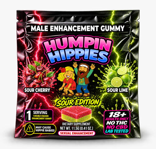 (Distro Pricing) Humpin Hippies Double Stack Male Enhancement Gummies – Sour Cherry & Sour Lime – 30-Pack Display Box | 50+ Boxes MOQ | Ships November 1st–November 5th