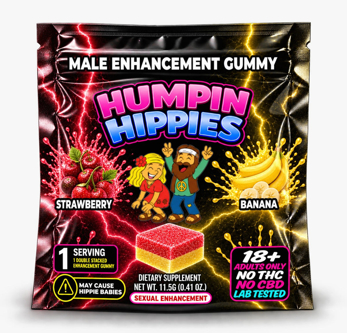 (Distro Pricing) Humpin Hippies Double Stack Male Enhancement Gummies – Strawberry Banana – 30-Pack Display Box | 50+ Boxes MOQ | Ships November 1st–November 5th
