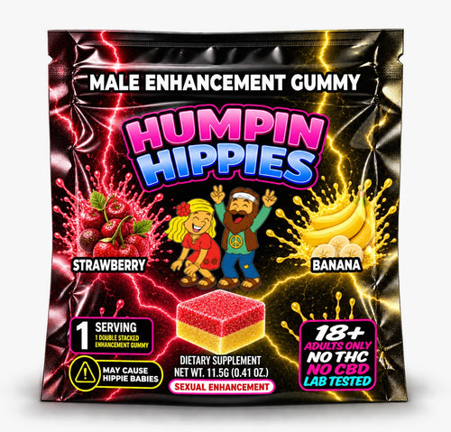 (Distro Pricing) Humpin Hippies Double Stack Male Enhancement Gummies – Strawberry Banana – 30-Pack Display Box | 50+ Boxes MOQ | Ships November 1st–November 5th