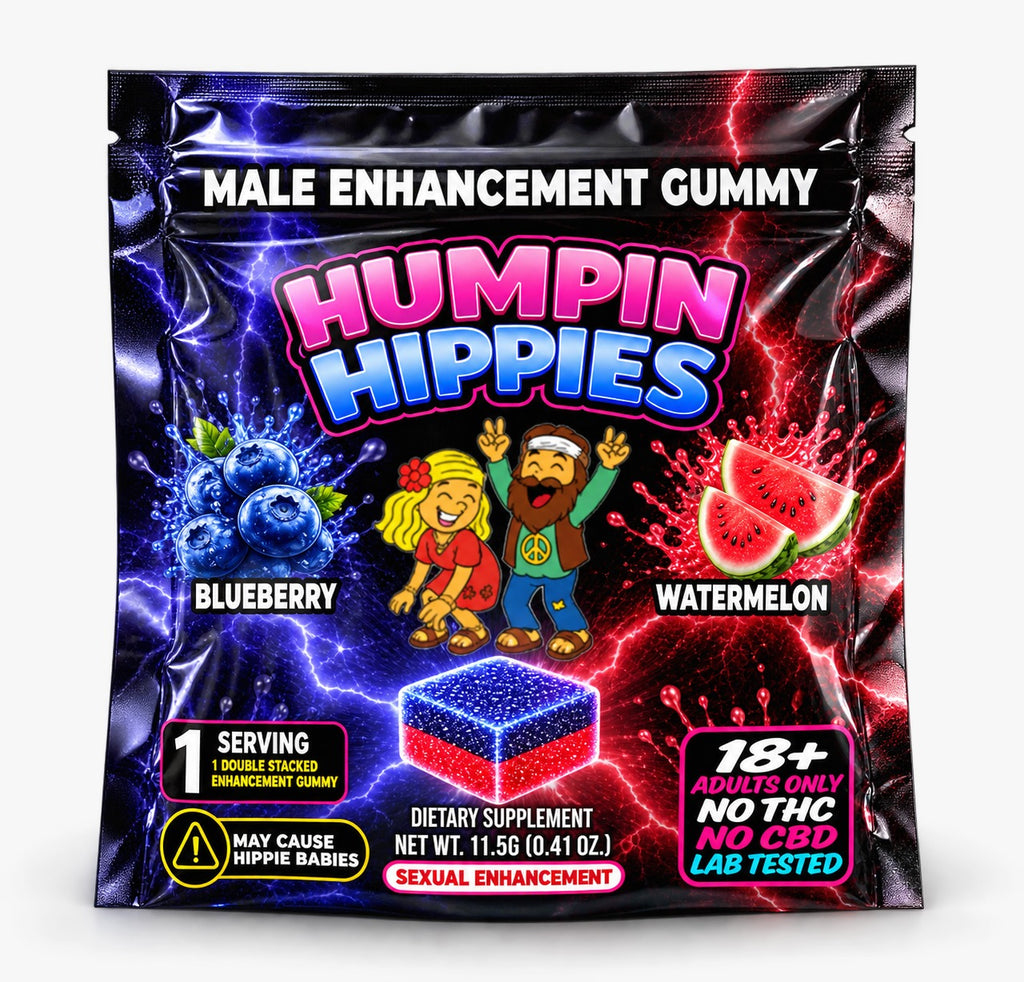 (Retail Pricing) Humpin Hippies Double Stack Male Enhancement Gummies – Blueberry Watermelon – 30-Pack Display Box | Ships November 1st–November 5th