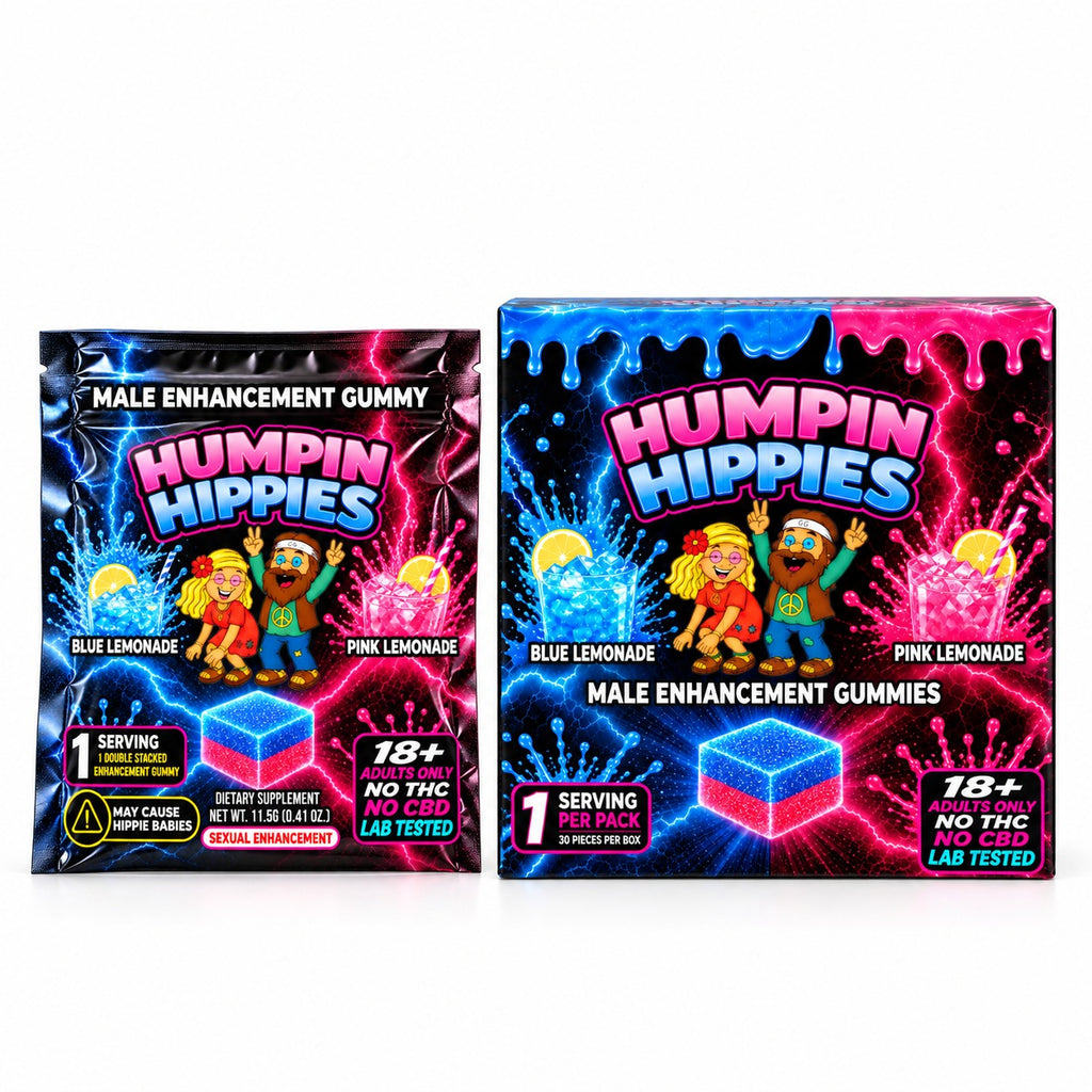 (Retail Pricing) Humpin Hippies Double Stack Male Enhancement Gummies – Blue & Pink Lemonade – 30-Pack Display Box | Ships November 1st–November 5th