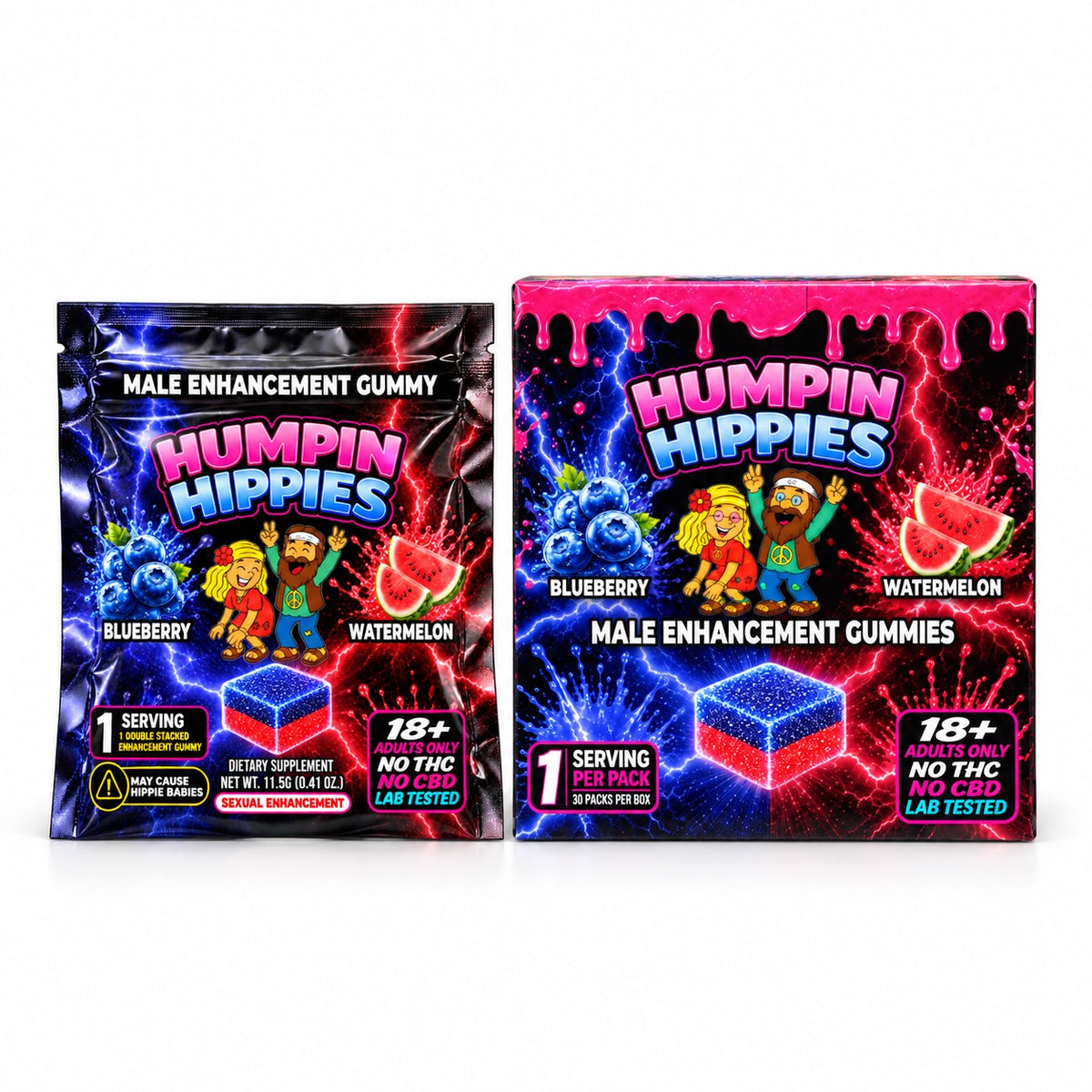 (Retail Pricing) Humpin Hippies Double Stack Male Enhancement Gummies – Blueberry Watermelon – 30-Pack Display Box | Ships November 1st–November 5th