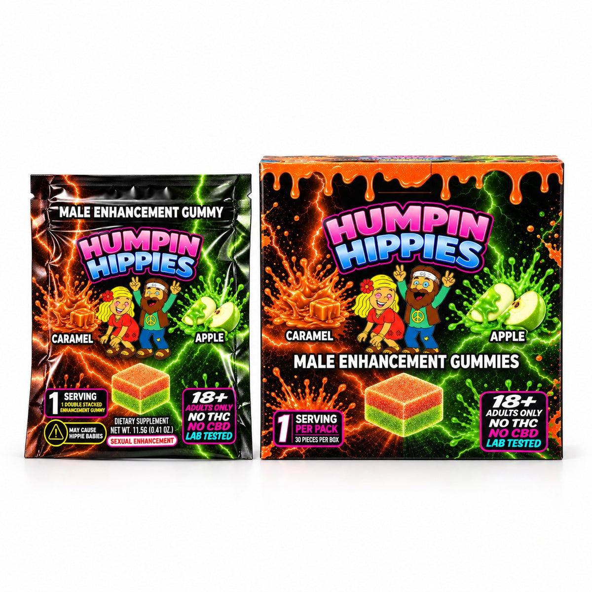 (Distro Pricing) Humpin Hippies Double Stack Male Enhancement Gummies – Caramel Apple – 30-Pack Display Box | 50+ Boxes MOQ | Ships November 1st–November 5th