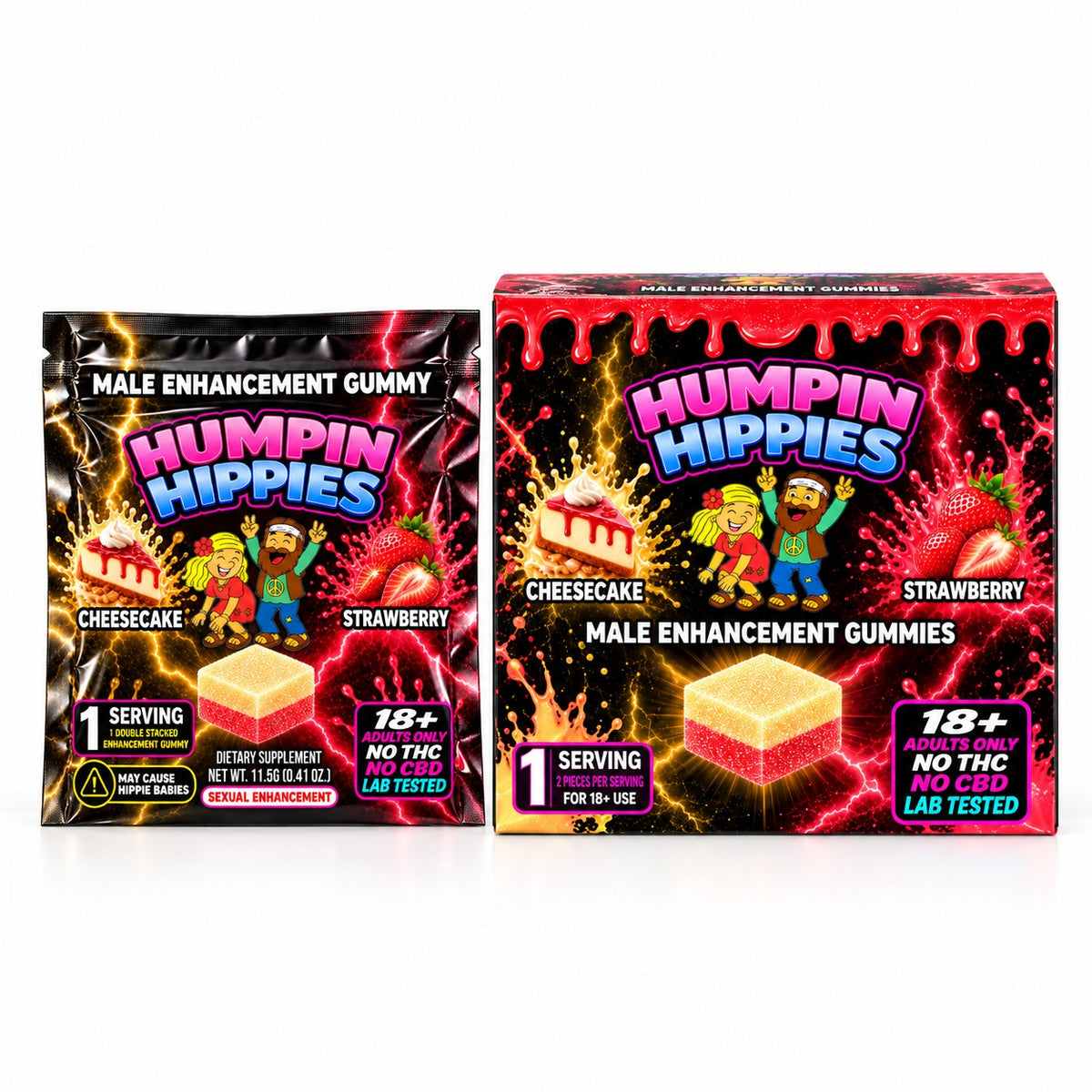 (Distro Pricing) Humpin Hippies Double Stack Male Enhancement Gummies – Cheesecake & Strawberry – 30-Pack Display Box | 50+ Boxes MOQ | Ships November 1st–November 5th