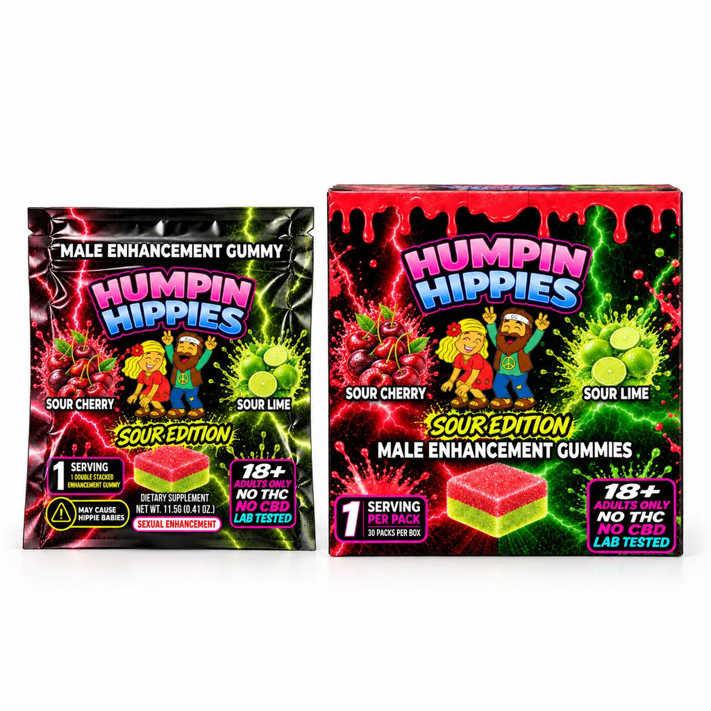 (Retail Pricing) Humpin Hippies Double Stack Male Enhancement Gummies – Sour Cherry & Sour Lime – 30-Pack Display Box | Ships November 1st–November 5th