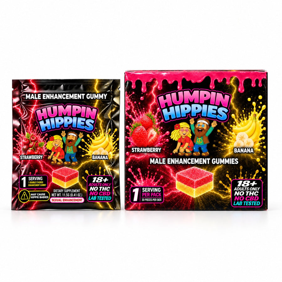 (Distro Pricing) Humpin Hippies Double Stack Male Enhancement Gummies – Strawberry Banana – 30-Pack Display Box | 50+ Boxes MOQ | Ships November 1st–November 5th