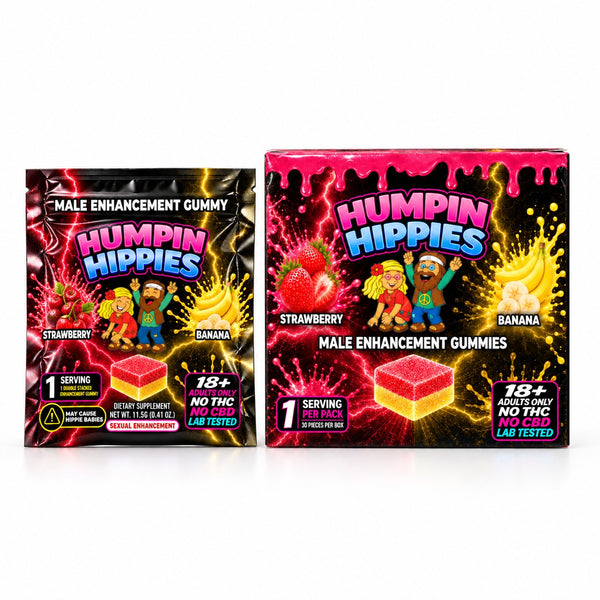 (Retail Pricing) Humpin Hippies Double Stack Male Enhancement Gummies – Strawberry Banana – 30-Pack Display Box | Ships November 1st–November 5th