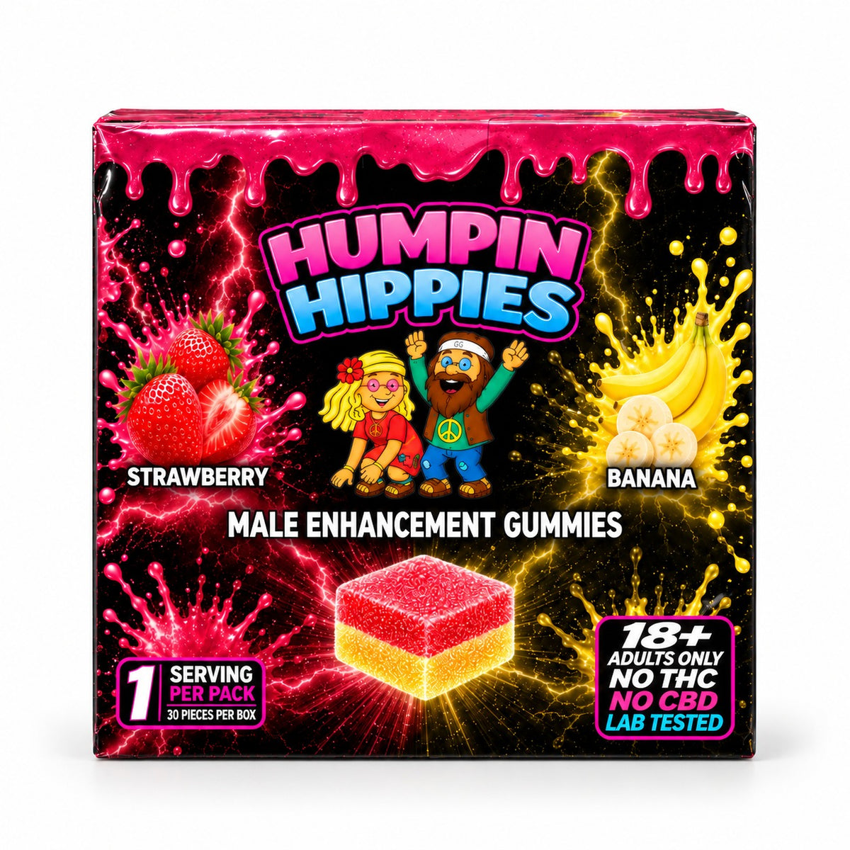 Humpin Hippies Double Stack Male Enhancement Gummies – Strawberry Banana – 30-Pack Display Box